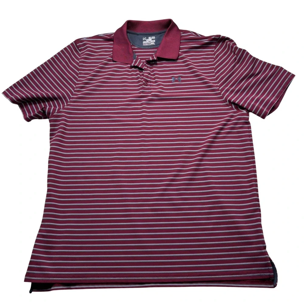 Under Armour HeatGear Mens 3XL Striped Polo SBurgundy‎ Grey Short Sleeve  #947
